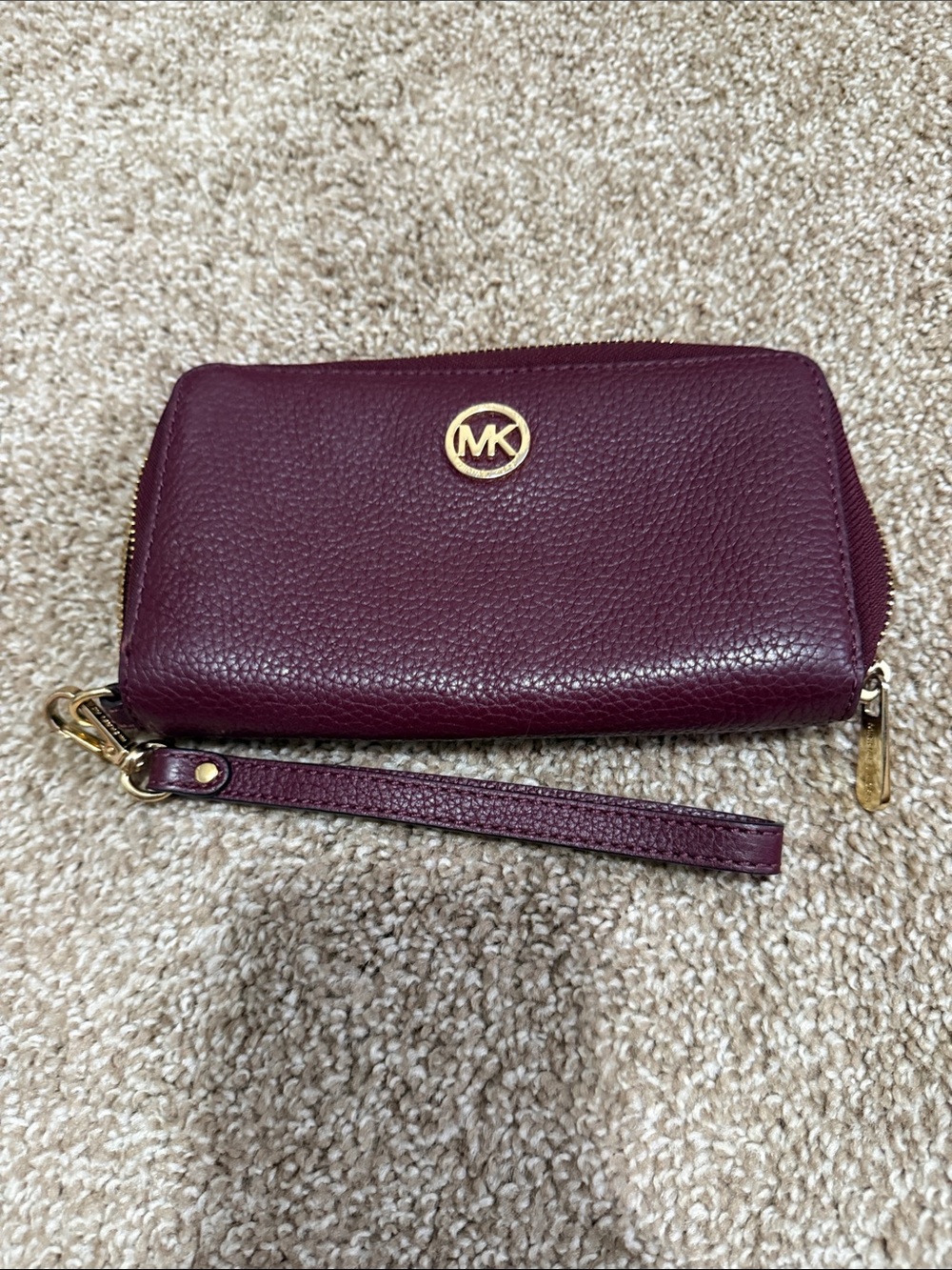 Michael Kors Wine Pebbled Leather Wristlet with Gold Hardware